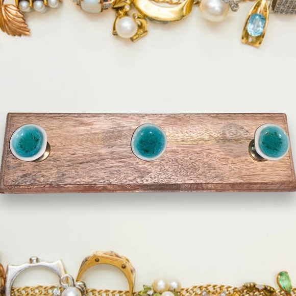 Handmade Other - Wall Hanging Jewelry Organizer wood w Ocean Crater Ceramic Knobs in Turquoise